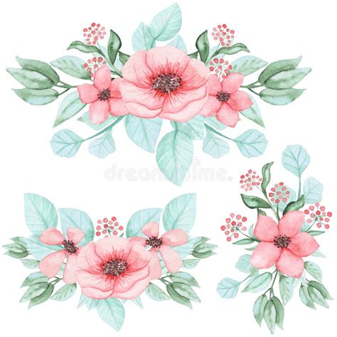 Set Of Watercolor Bouquets With Pink Flowers Stock Illustration