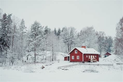 Red Cottage House In Rural Winter Snow Landscape Stock Photo Download