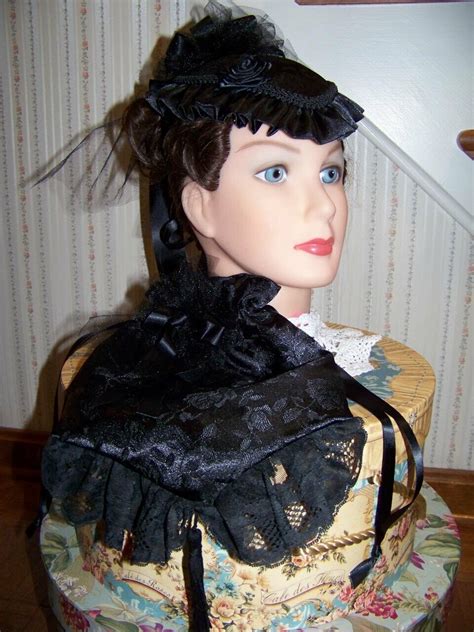 ladies civil war victorian hat and ridicule black rose print brocade satin teardrop hat with