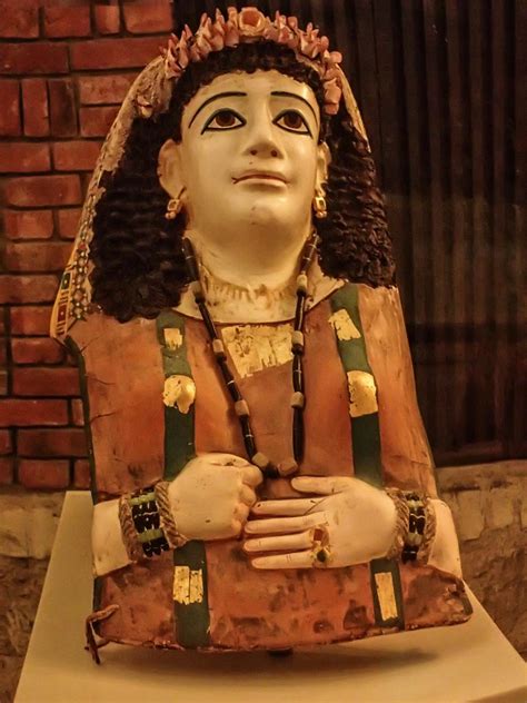 Vividly Painted Cartonnage Mummy Mask With Flax Fiber Hair Of A Garlanded Woman Egypt Roman