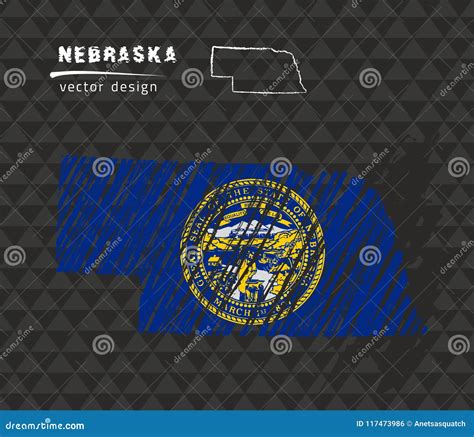 Nebraska Map With Flag Inside On The Black Background Chalk Sketch