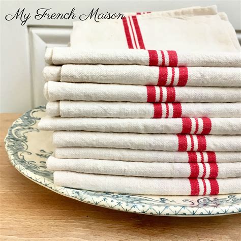 French Vintage Red White Striped Linen Kitchen Towel Traditional