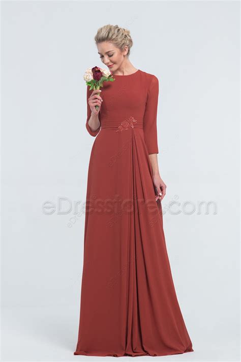 Modest Chiffon Rust Colored Bridesmaid Dresses With Sleeves Edresstore