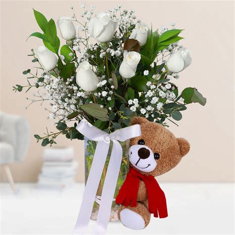 Send Flowers Turkey 7 White Roses And Teddy Bear From 13usd