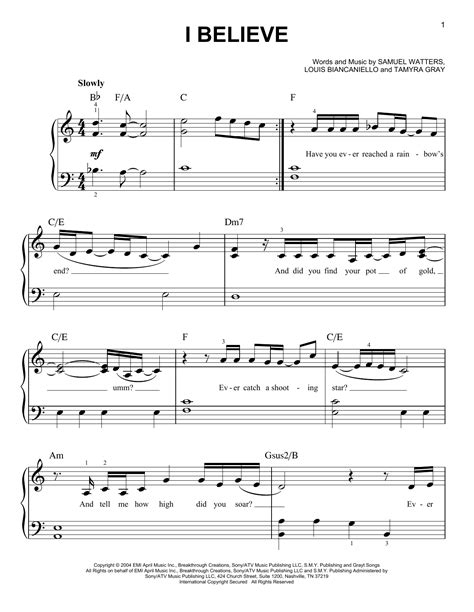 I Believe Sheet Music Fantasia Very Easy Piano