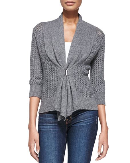 Neiman Marcus Cashmere Collection Open Weave Buckle Front Cashmere Cardigan