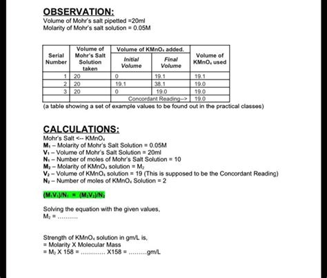 SOLVED OBSERVATION Volume Of Mohr S Salt Pipetted 20ml Molarity Of