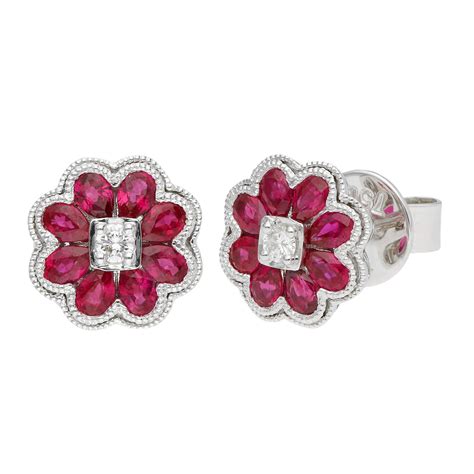 18ct White Gold Ruby And Diamond Flower Cluster Earrings Buy Online