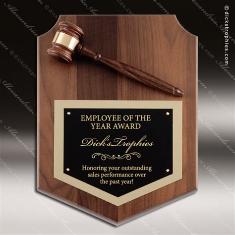 Engraved Walnut Plaque Gavel Mounted Black Shield Plate Wall Plaque