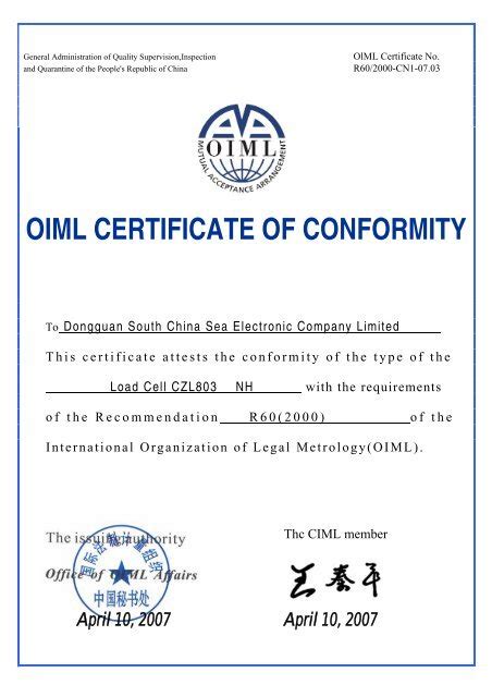 Oiml Certificate Of Conformity