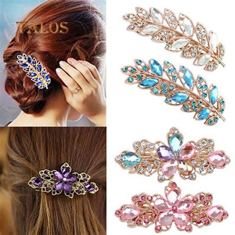 köp women fashion flower leaf crystal crystal stone hair barrette clip hairpin jewelry hairs