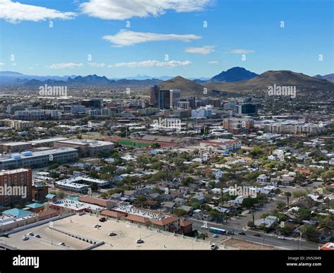 Tucson Downtown Modern Skyscrapers Aerial View With Tucson Mountain At