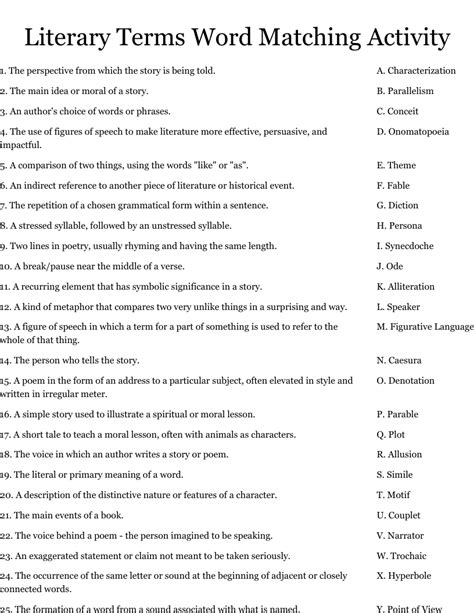 Literary Terms Word Matching Activity Worksheet Wordmint