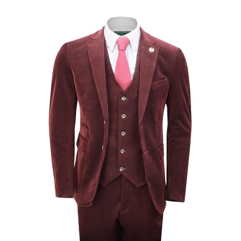 Mens Corduroy 3 Piece Suit Maroon Classic Tailored Fit Jacket Waistcoat