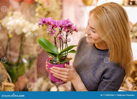 Girl Holding A Beautiful Pink Orchid In Pot Stock Photo Image Of