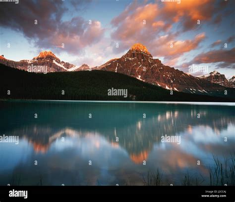 Canada Alberta Banff National Park Mount Chephren Reflects In A Lake