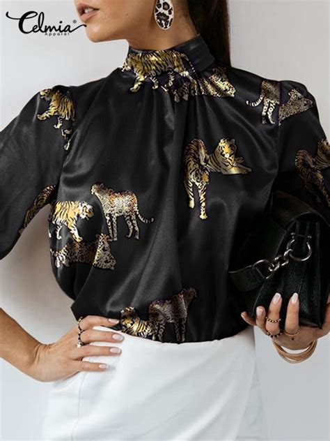 Women Satin Elegant Blouse Tiger Print Long Sleeve Shirt Tunic Etsy