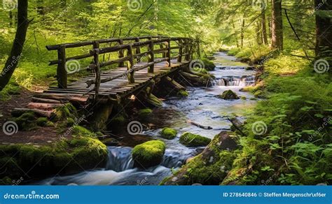 Rustic Wooden Bridge Over Gentle Stream In Forest With Waterfall Stock