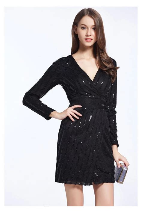 Little Black Sequin Long Sleeve Party Dress 5922 Dk319