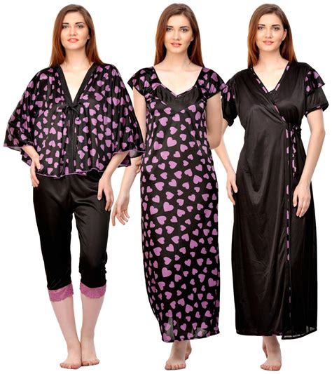 Buy Phalin Womens Black And Purple Satin Printed Nighty And Robe And Bra And Panty Set Online At Low