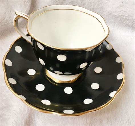 Black White Royal Albert White Polka Dot Gold Trim Vintage 1930s Cup