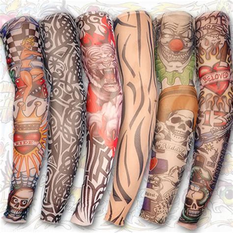 6 Pcs New Mixed 100 Nylon Elastic Fake Temporary Tattoo Sleeve Designs Body Arm Stockings Tatoo