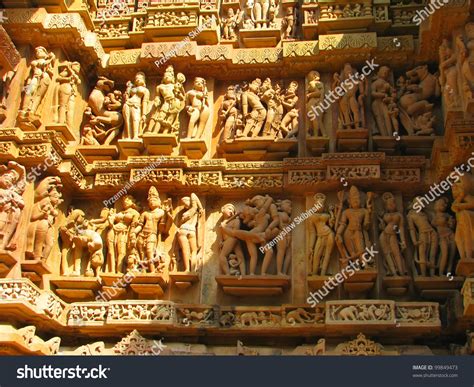 Stone Carved Erotic Sculptures In Hindu Temple In Khajuraho Madhya