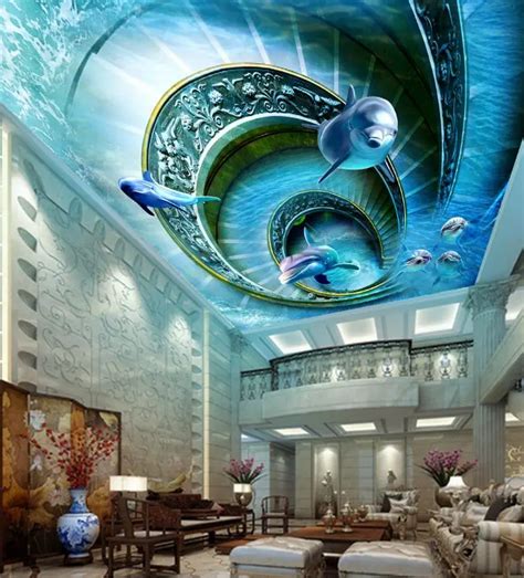 Rotating Dolphin Animals World 3d Ceiling Murals Wallpaper For Living
