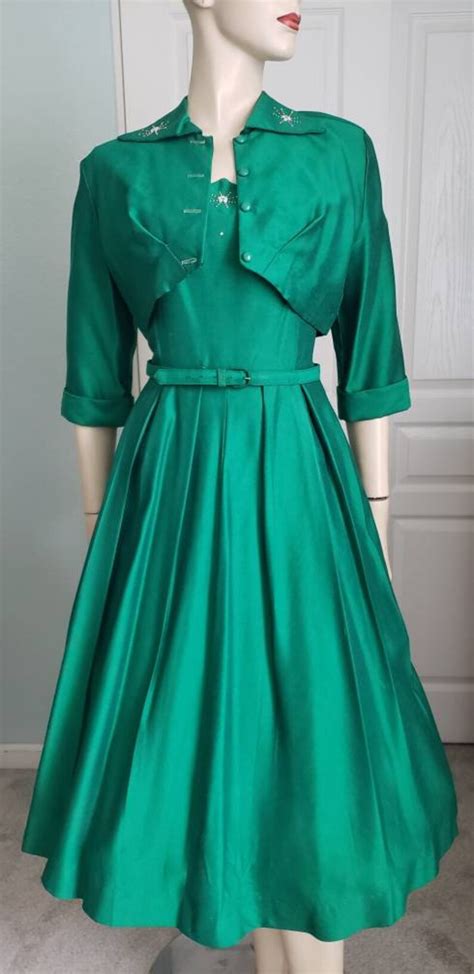 1950s Raw Silk Dress Suit With Beaded Flowers 50s Silk Dress Etsy