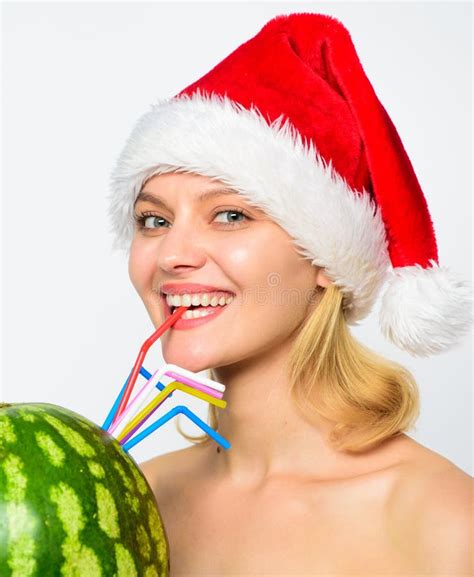 Health Care And Dieting Girl Attractive Nude Wear Santa Hat Drink