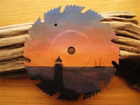 Acrylic Painting On Saw Blade Lunenburg Lighthouse In Sunset With