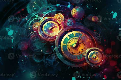 Clock And Clock Gears In Space Futuristic Abstract Background Vibrant