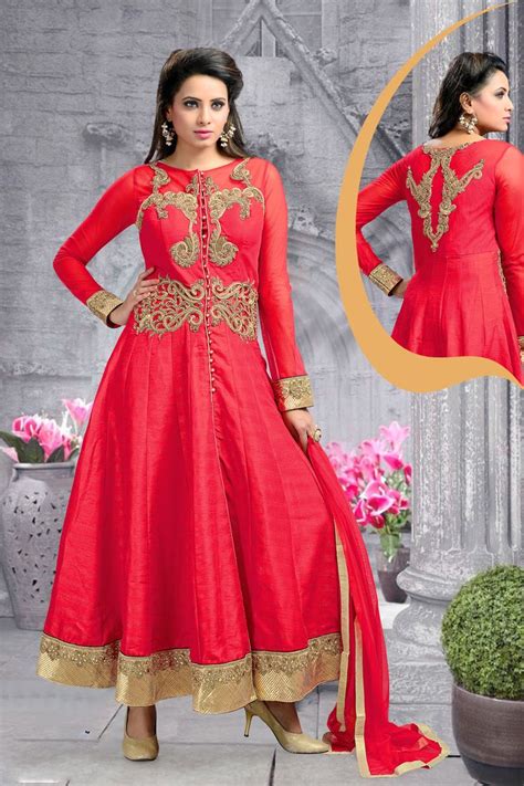 Red Raw Silk Ankle Length Anarkali Suit 63146 Salwar Kameez Designs