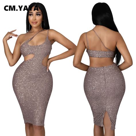 Cm Yaya Women Sequines Skew Neck Cut Out Bodycon Midi Mini Dress