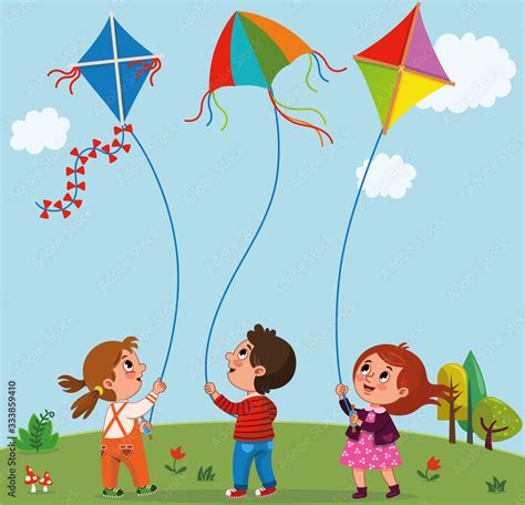 Kids Playing Kites Vector Illustration Of Children Flying Kites On The