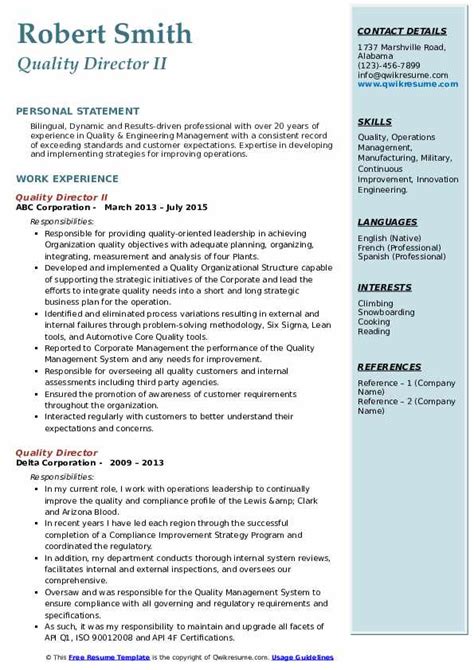 Director cyber security support resume examples samples at least 5 years experience as a consultant interacting with senior executives and the. Quality Director Resume Samples | QwikResume