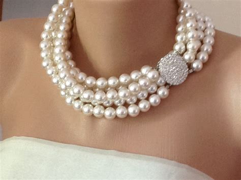Pearl Necklace 5 Strands Bridal Pearl Necklace Rhinestone Brooch
