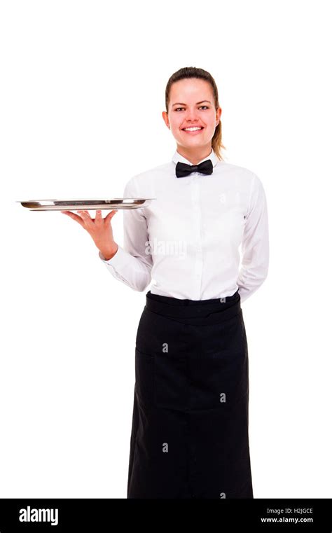 Young Woman In Waiter Uniform Holding Tray Isolated Over White