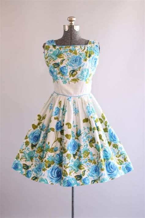 Vintage 1950s Dress 50s Cotton Dress Blue And Green Rose Etsy