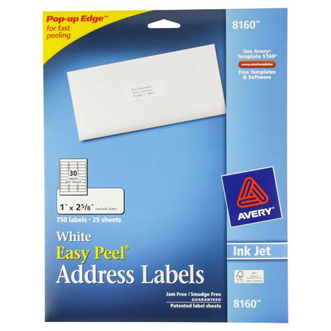 Avery 8160 Easy Peel Address Labels 30 Per Sheet Inkjet White 2250