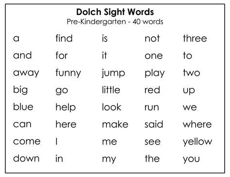 Printable Dolch Pre Kindergarten Sight Words Flashcards 40 Cards Child