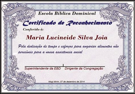 Escola BÍblica Dominical Mogi Mirim Certificados