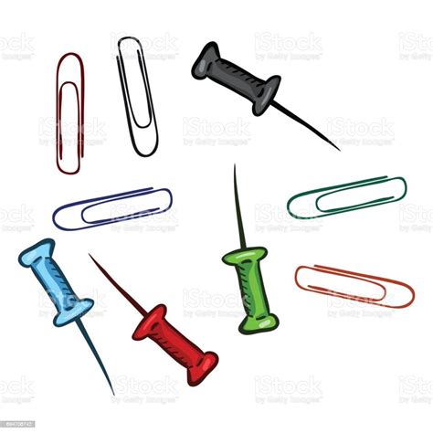 Vector Set Of Cartoon Paper Clips And Drawing Pins Stock Illustration