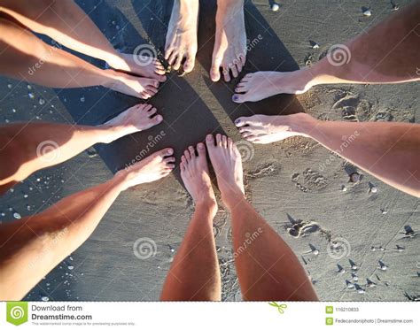 Family Of Five Barefoot People In Circle On The Beach Stock Image Image Of Barefeet Legs