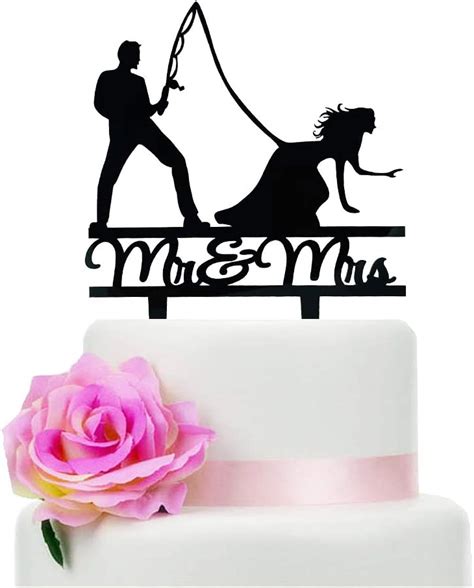 Amazon Com Yzybuaego Fishing Wedding Cake Topper Black Mr Mrs