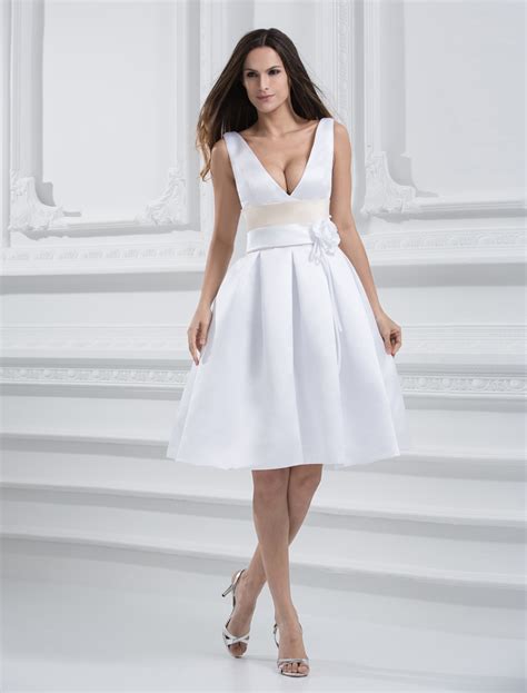 white knee length v neck sash satin wedding dress