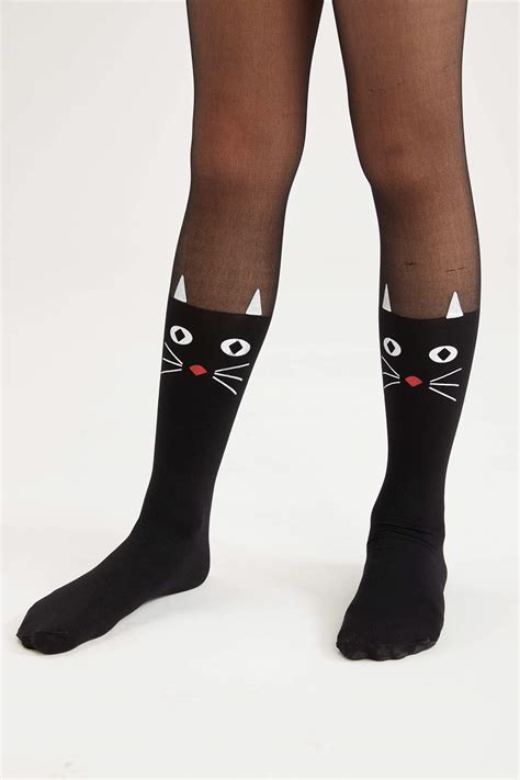 siyah kız Çocuk genç kız kız Çocuk kedi desenli külotlu Çorap 1812323 defacto