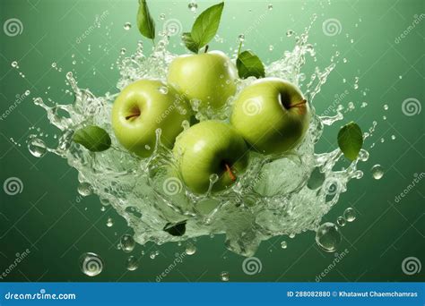 Vibrant Apple Ballet: Green Apples Falling in Air on Pastel Green