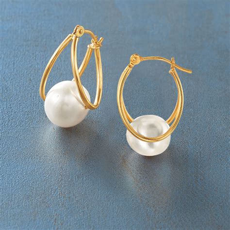 8 9mm Cultured Pearl Double Hoop Earrings In 14kt Yellow Gold 34