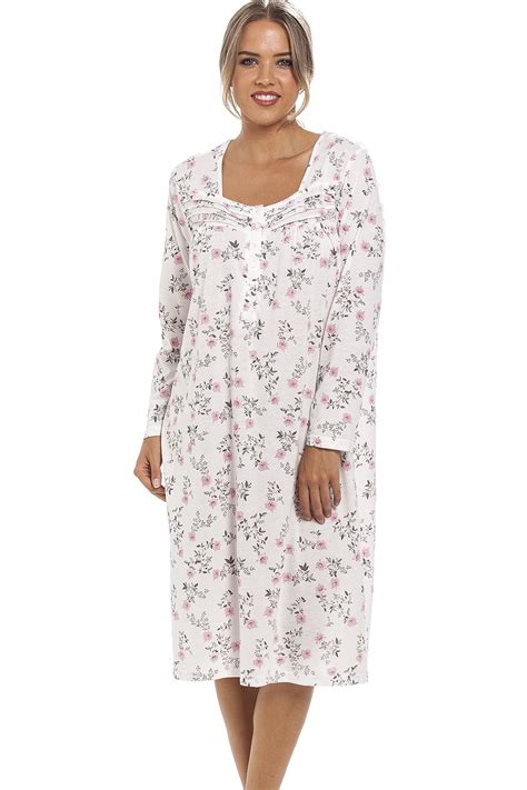 Classic Pink Floral Print Long Sleeve White Nightdress